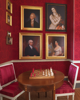 Jefferson's portrait hangs above James and Dolley Madison's in the newly restored drawing room, with its Lelarge chairs.